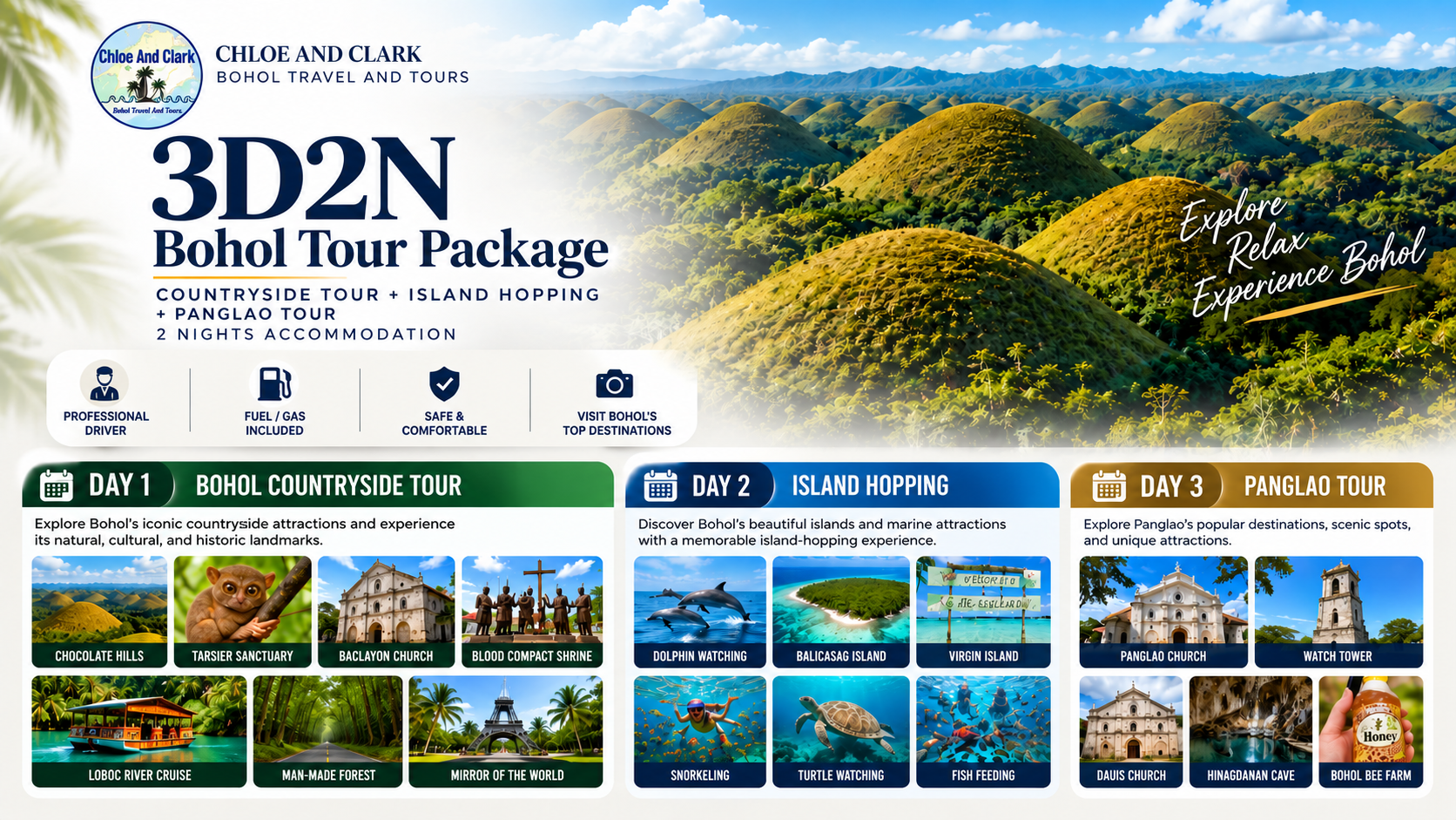 3D2N Bohol tour package banner featuring the itinerary highlights